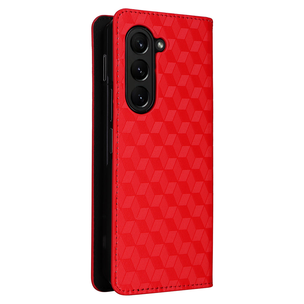 For Samsung Galaxy Z Fold6 5G Case Wallet PU Leather Phone Cover Rhombus Imprinted - Red