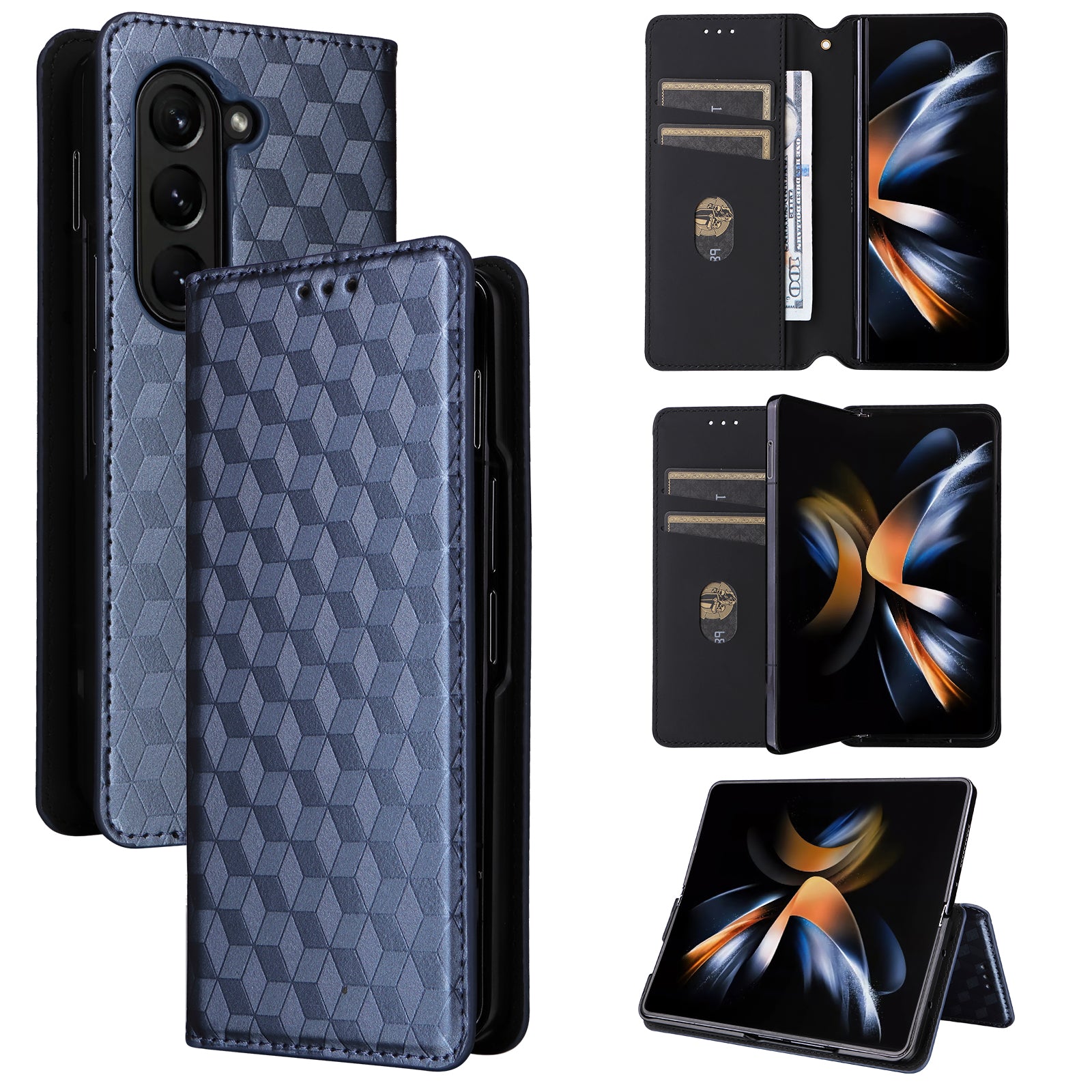 For Samsung Galaxy Z Fold6 5G Case Wallet PU Leather Phone Cover Rhombus Imprinted - Blue