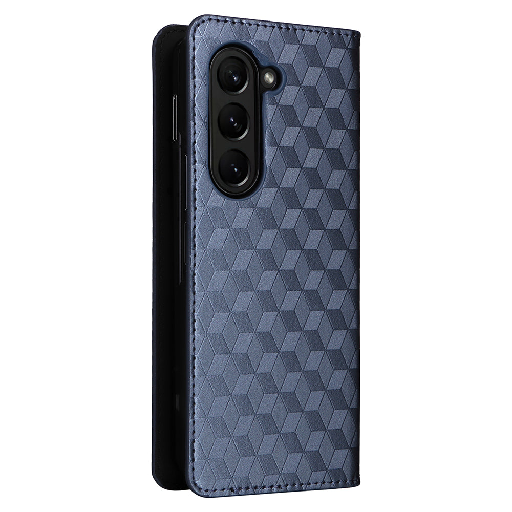 For Samsung Galaxy Z Fold6 5G Case Wallet PU Leather Phone Cover Rhombus Imprinted - Blue