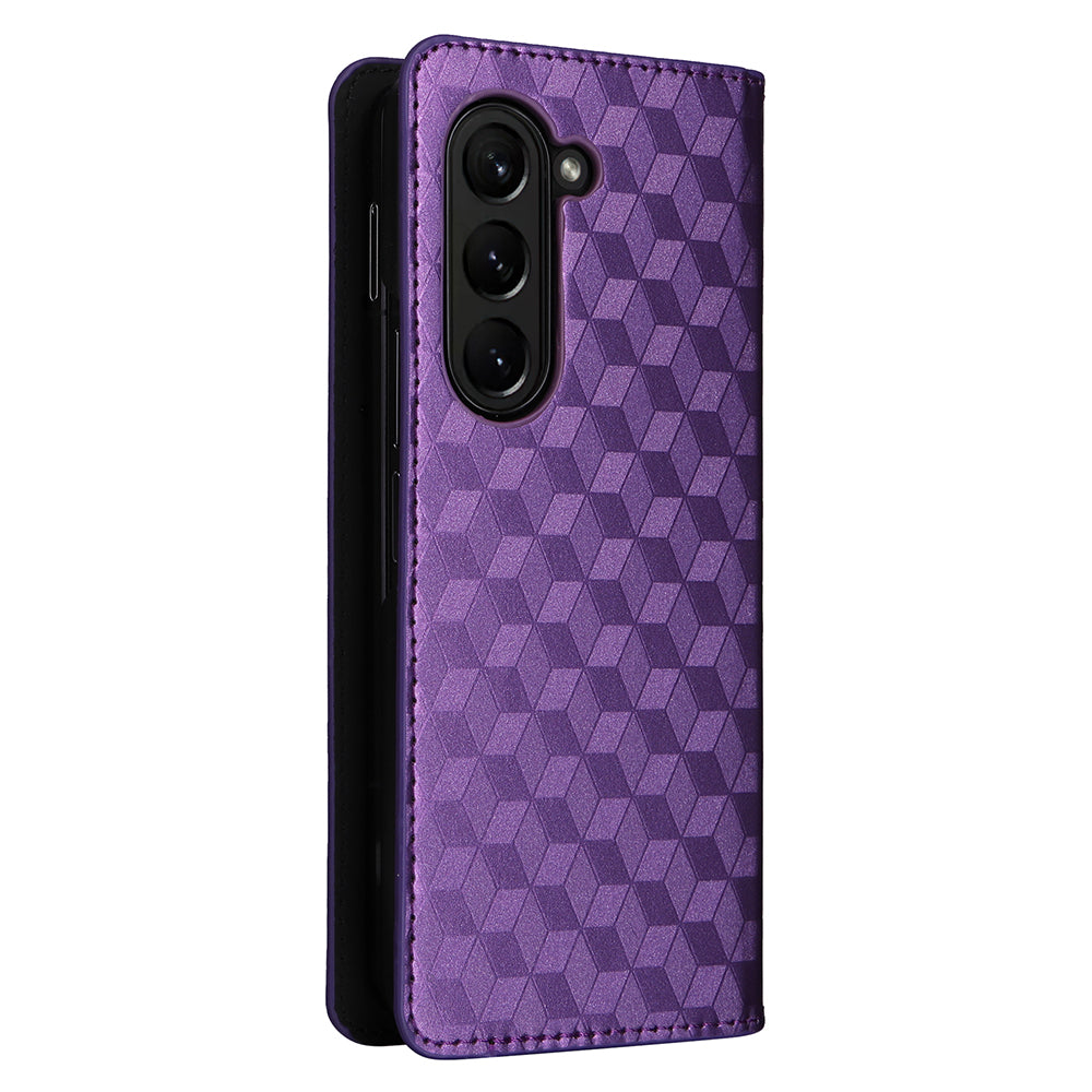 For Samsung Galaxy Z Fold6 5G Case Wallet PU Leather Phone Cover Rhombus Imprinted - Purple