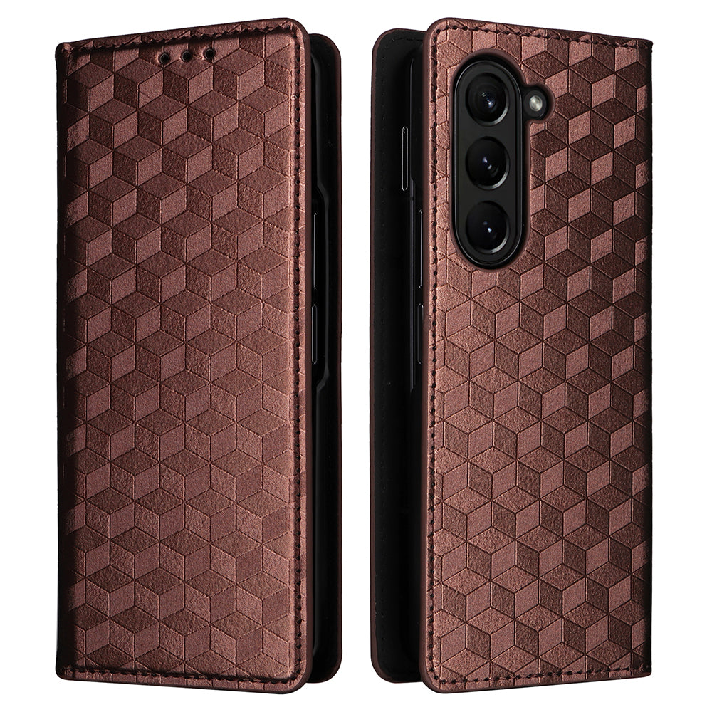 For Samsung Galaxy Z Fold6 5G Case Wallet PU Leather Phone Cover Rhombus Imprinted - Brown