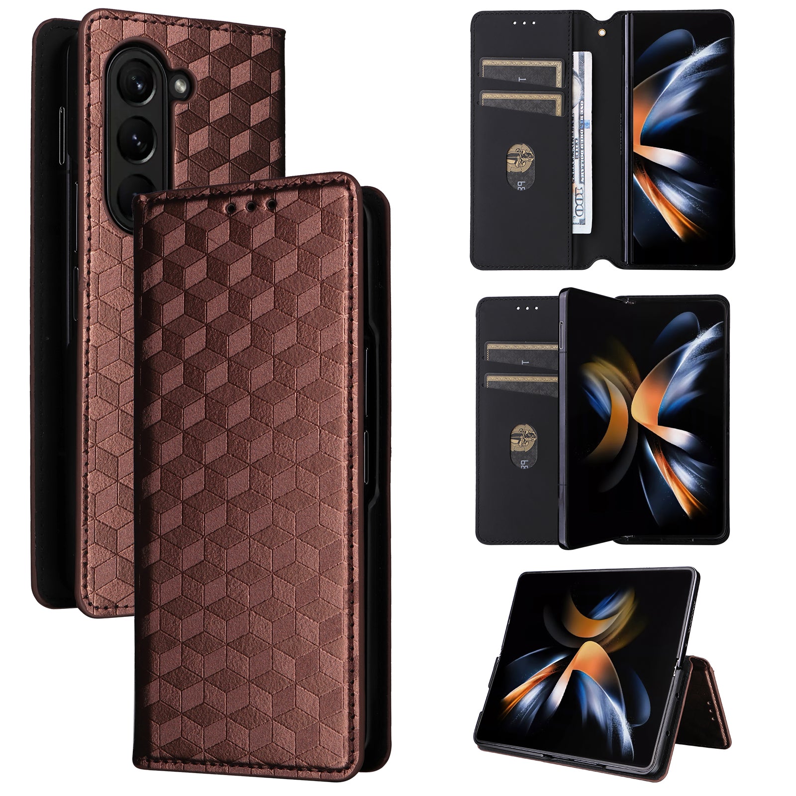 For Samsung Galaxy Z Fold6 5G Case Wallet PU Leather Phone Cover Rhombus Imprinted - Brown