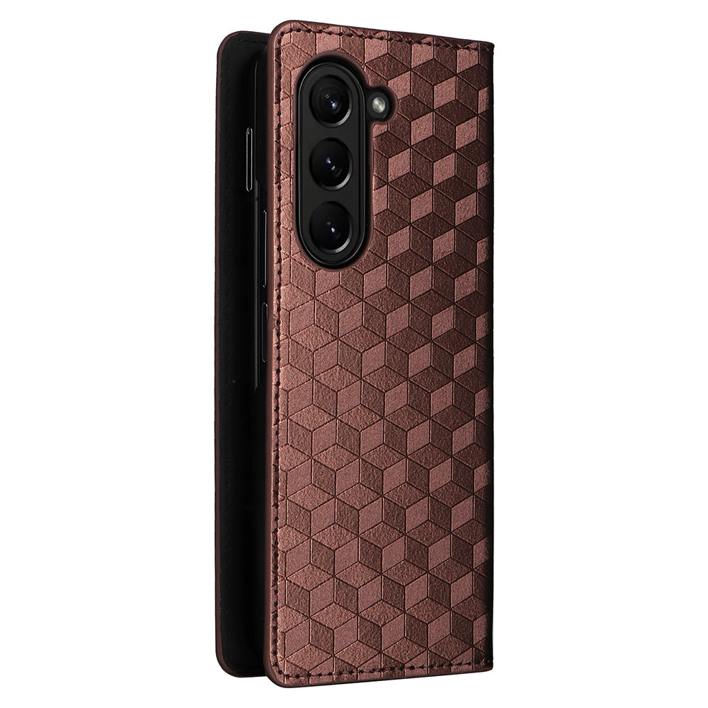 For Samsung Galaxy Z Fold6 5G Case Wallet PU Leather Phone Cover Rhombus Imprinted - Brown