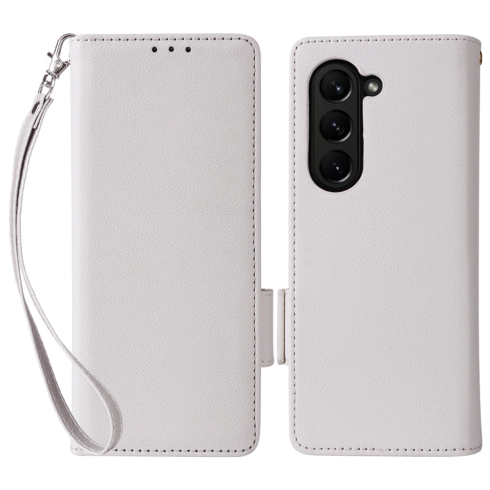 For Samsung Galaxy Z Fold6 5G Shockproof Case Litchi Texture Leather Phone Cover with Strap - White