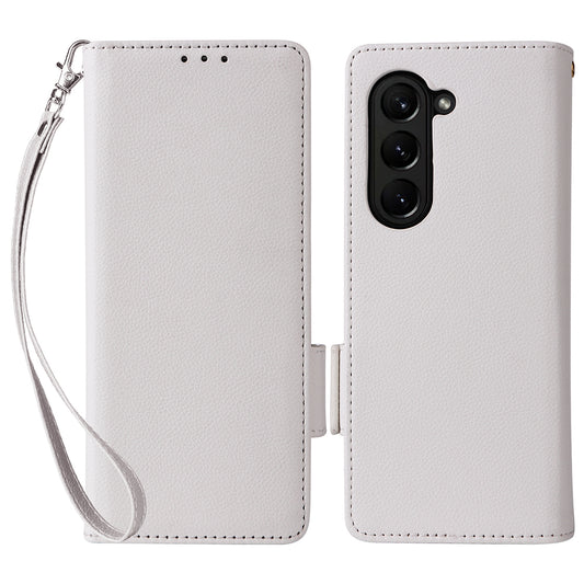 For Samsung Galaxy Z Fold6 5G Shockproof Case Litchi Texture Leather Phone Cover with Strap - White
