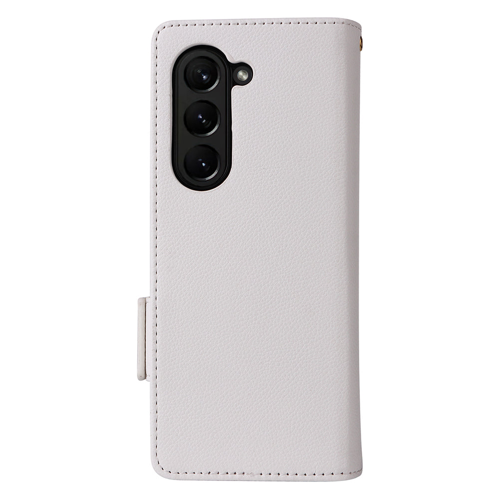 For Samsung Galaxy Z Fold6 5G Shockproof Case Litchi Texture Leather Phone Cover with Strap - White