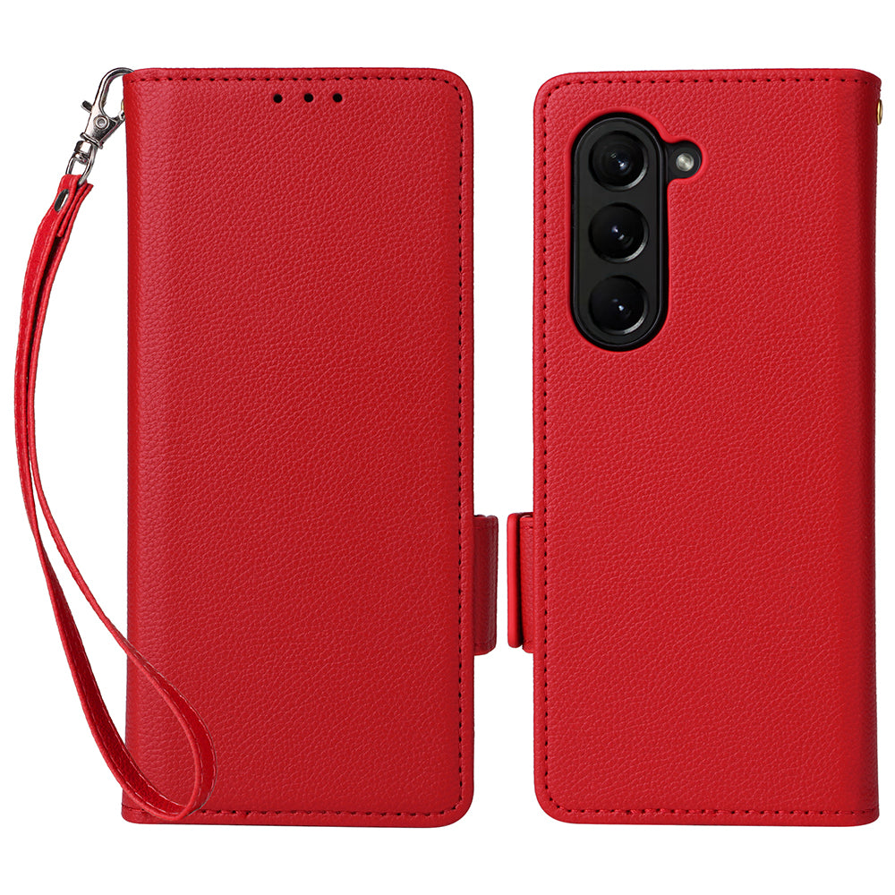For Samsung Galaxy Z Fold6 5G Shockproof Case Litchi Texture Leather Phone Cover with Strap - Red