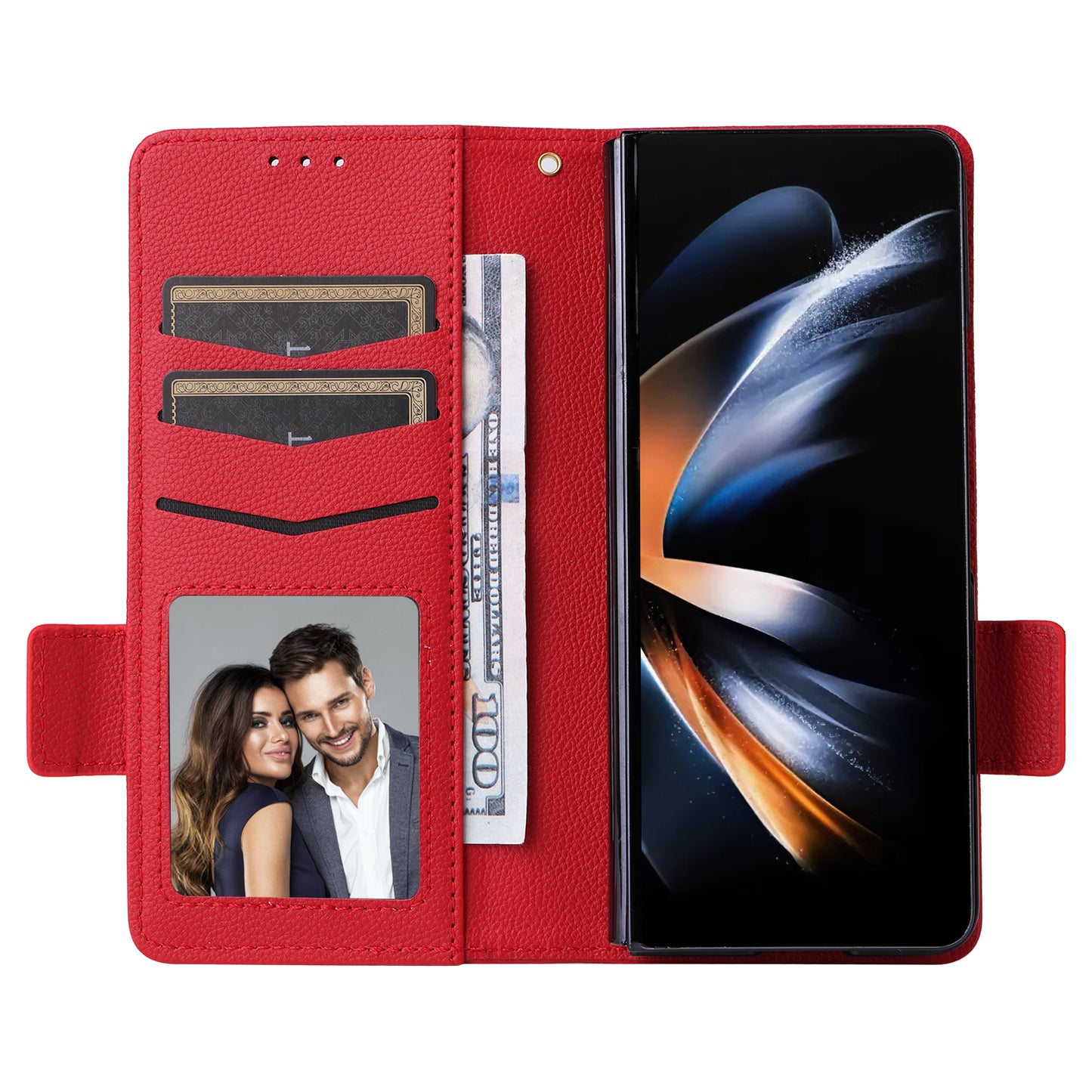 For Samsung Galaxy Z Fold6 5G Shockproof Case Litchi Texture Leather Phone Cover with Strap - Red