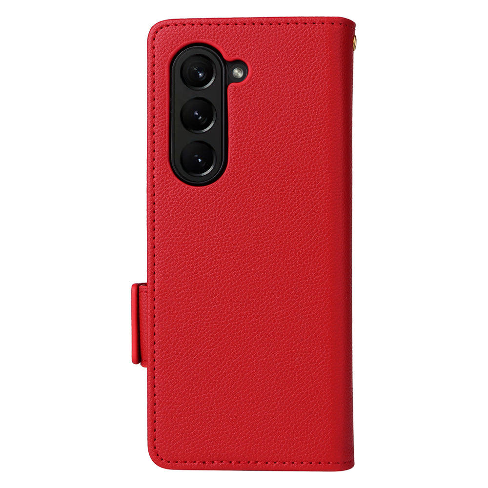For Samsung Galaxy Z Fold6 5G Shockproof Case Litchi Texture Leather Phone Cover with Strap - Red