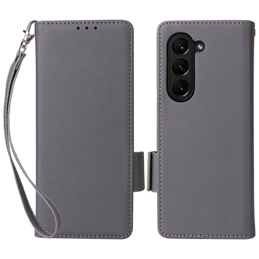 For Samsung Galaxy Z Fold6 5G Shockproof Case Litchi Texture Leather Phone Cover with Strap - Grey