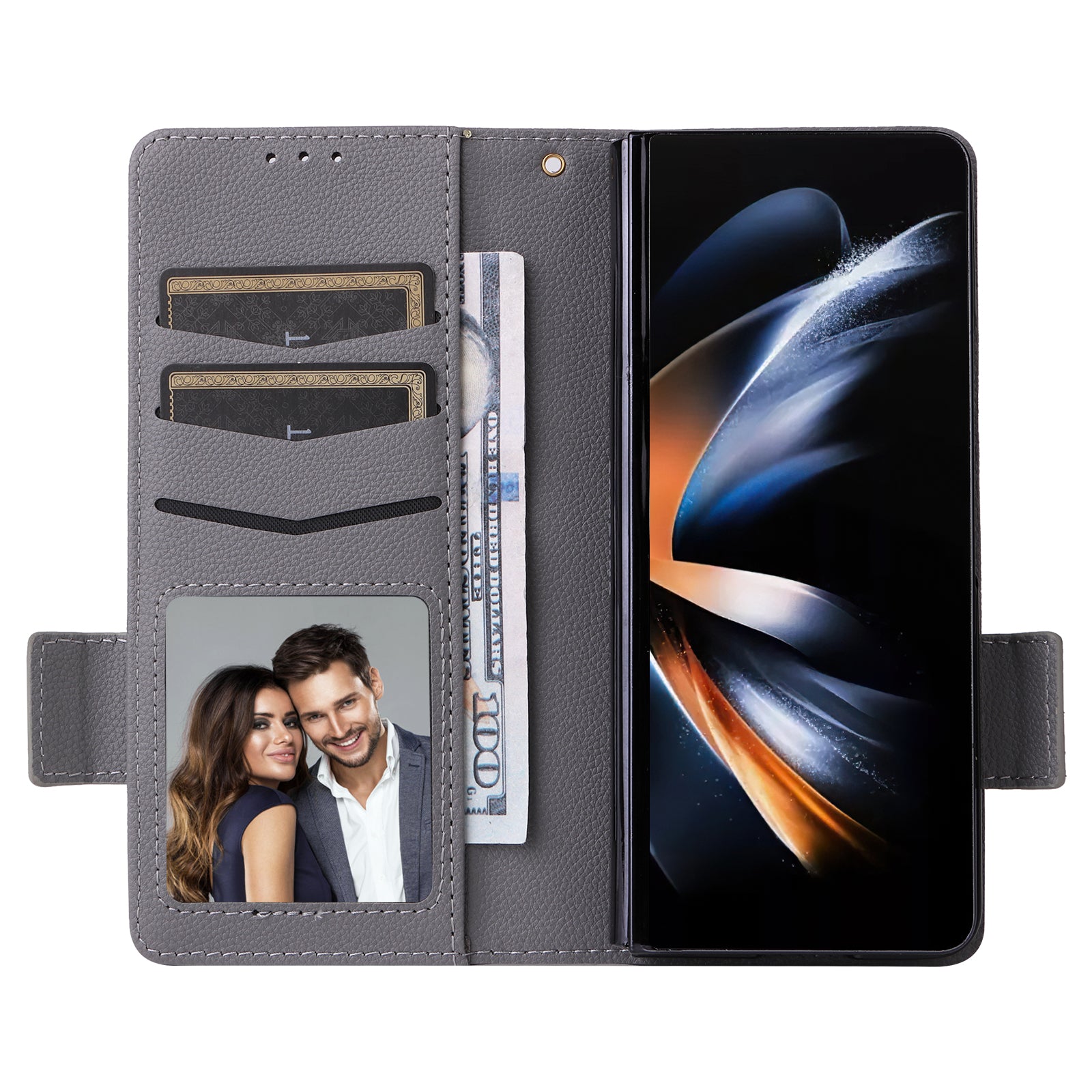 For Samsung Galaxy Z Fold6 5G Shockproof Case Litchi Texture Leather Phone Cover with Strap - Grey