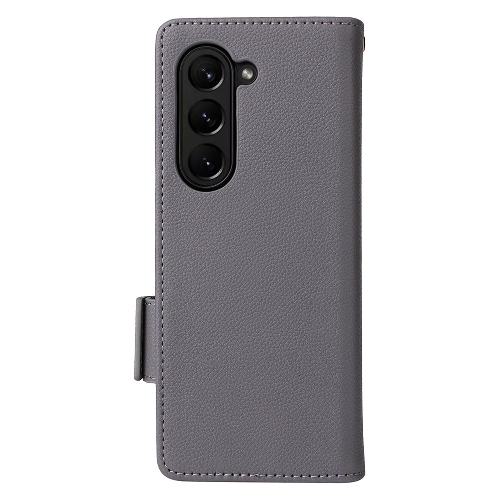 For Samsung Galaxy Z Fold6 5G Shockproof Case Litchi Texture Leather Phone Cover with Strap - Grey