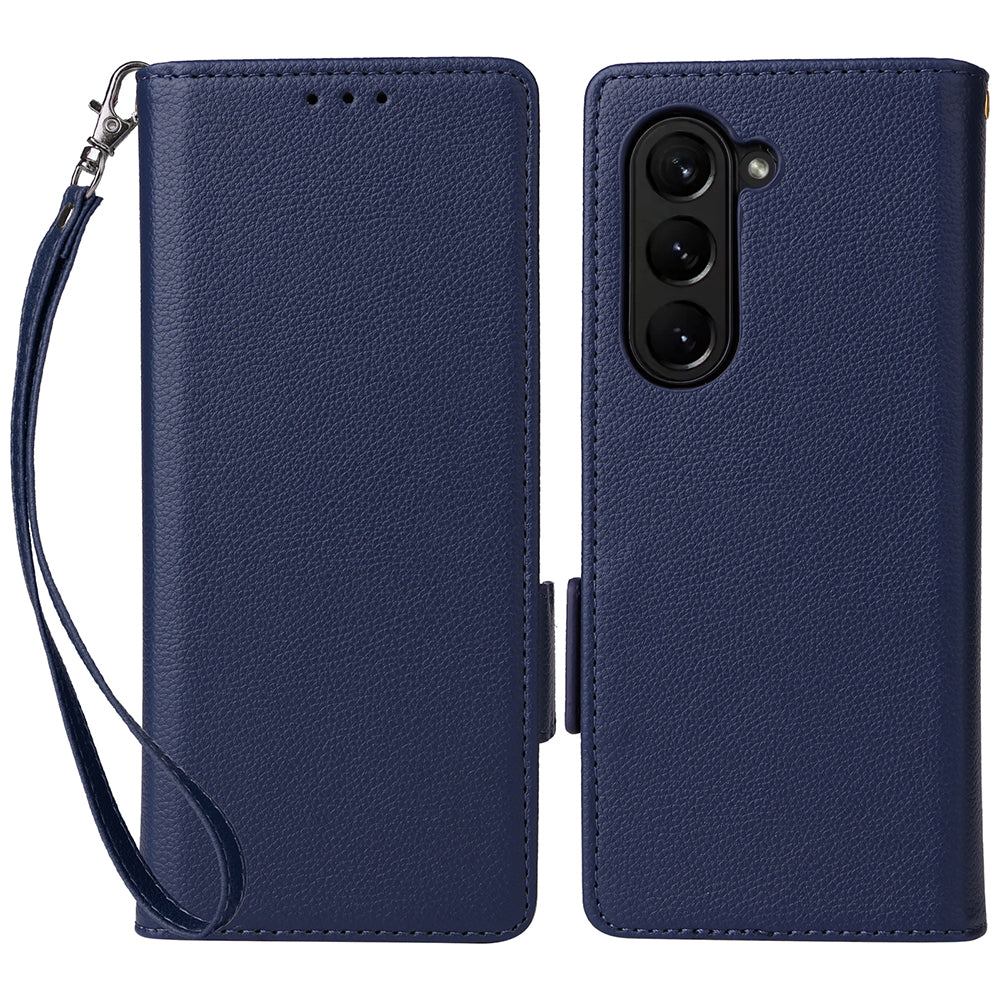 For Samsung Galaxy Z Fold6 5G Shockproof Case Litchi Texture Leather Phone Cover with Strap - Dark Blue