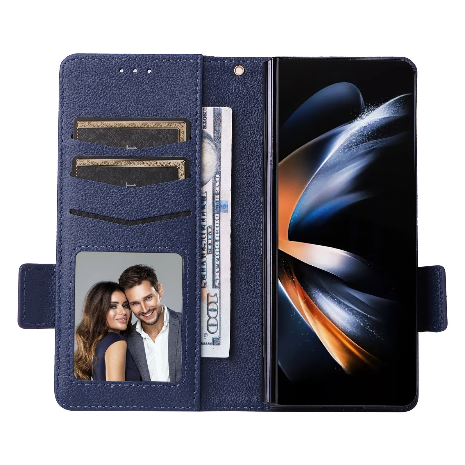 For Samsung Galaxy Z Fold6 5G Shockproof Case Litchi Texture Leather Phone Cover with Strap - Dark Blue