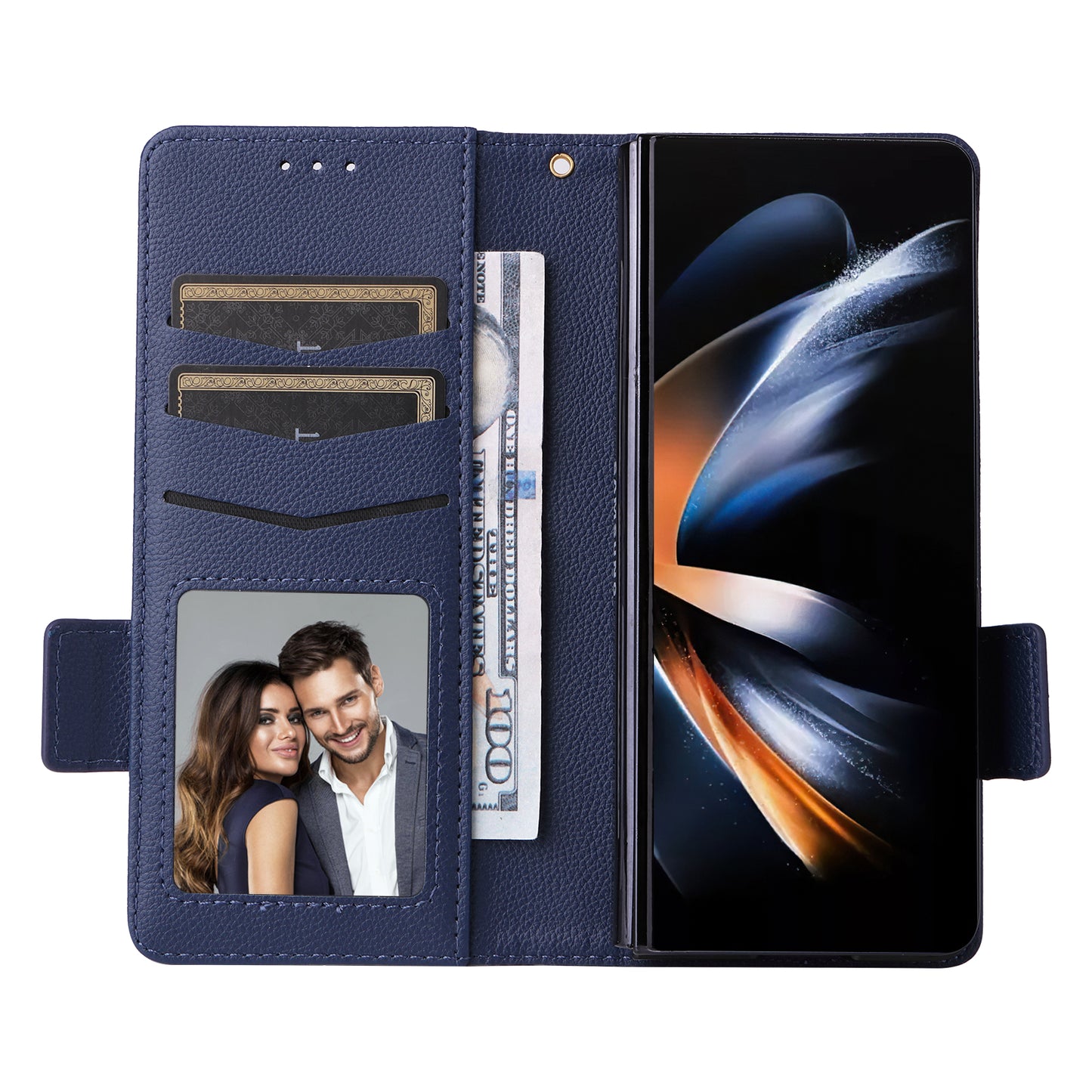 For Samsung Galaxy Z Fold6 5G Shockproof Case Litchi Texture Leather Phone Cover with Strap - Dark Blue