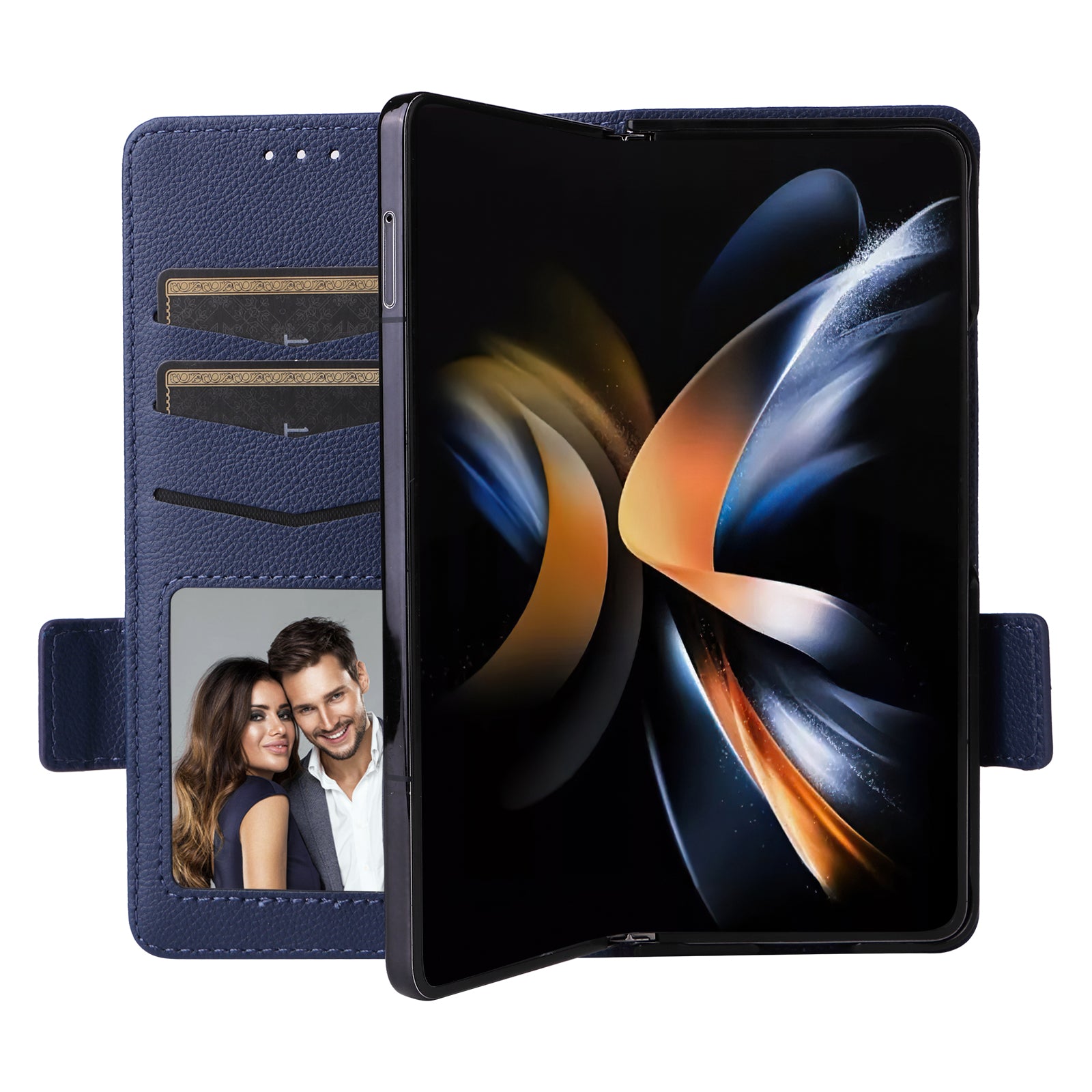 For Samsung Galaxy Z Fold6 5G Shockproof Case Litchi Texture Leather Phone Cover with Strap - Dark Blue