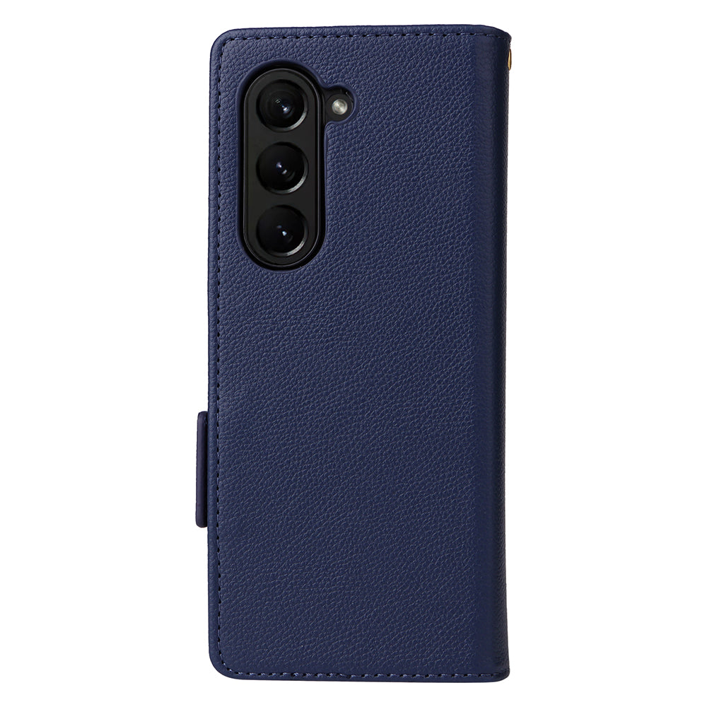 For Samsung Galaxy Z Fold6 5G Shockproof Case Litchi Texture Leather Phone Cover with Strap - Dark Blue