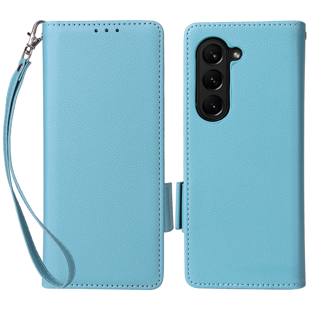 For Samsung Galaxy Z Fold6 5G Shockproof Case Litchi Texture Leather Phone Cover with Strap - Baby Blue