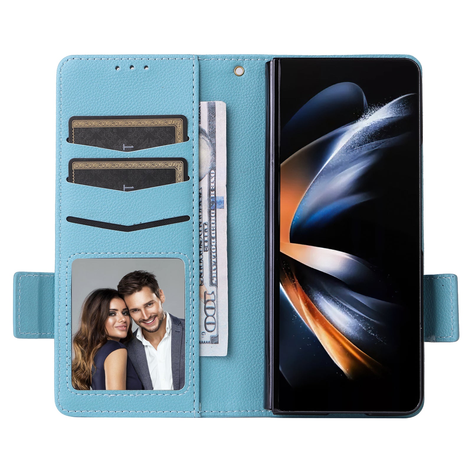 For Samsung Galaxy Z Fold6 5G Shockproof Case Litchi Texture Leather Phone Cover with Strap - Baby Blue