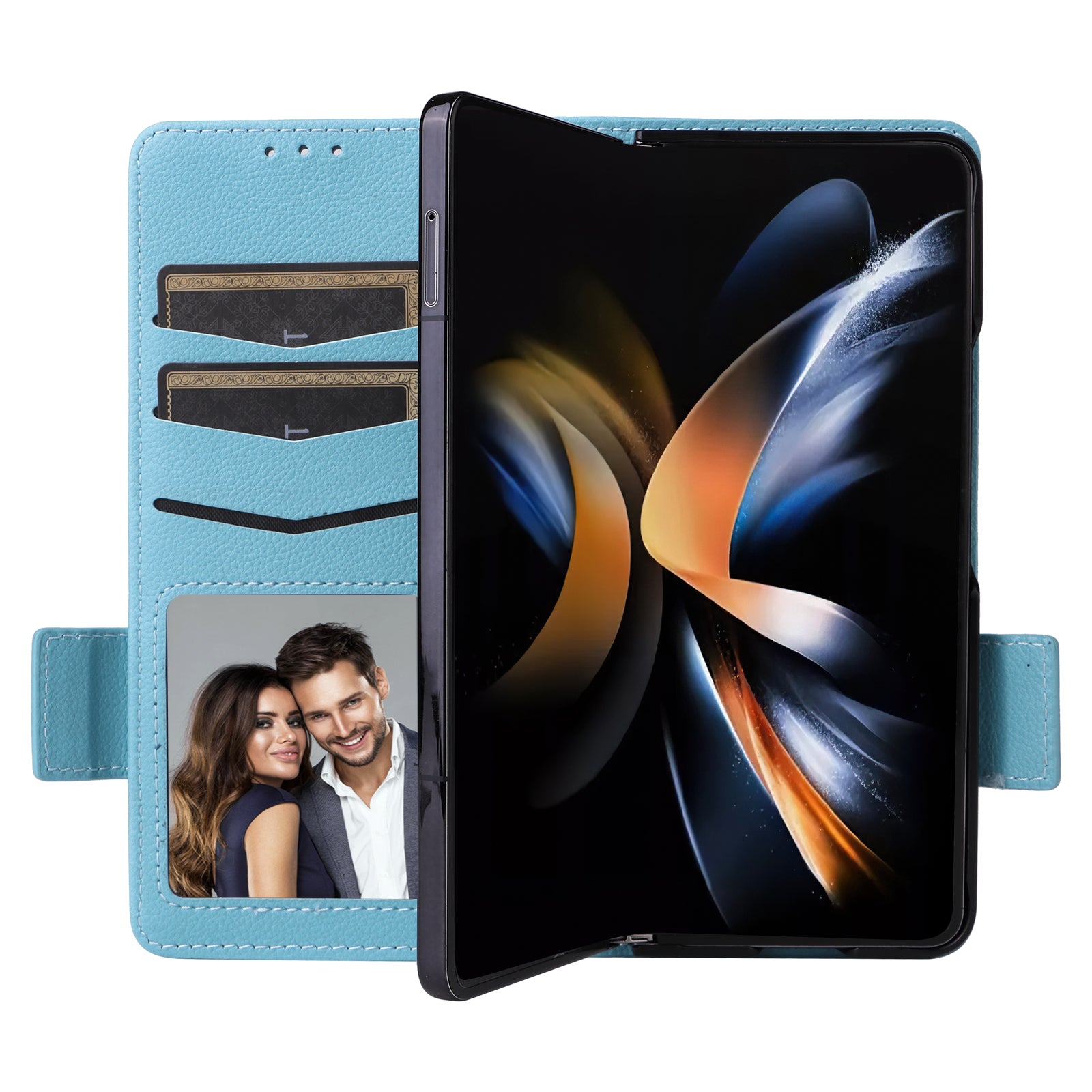 For Samsung Galaxy Z Fold6 5G Shockproof Case Litchi Texture Leather Phone Cover with Strap - Baby Blue