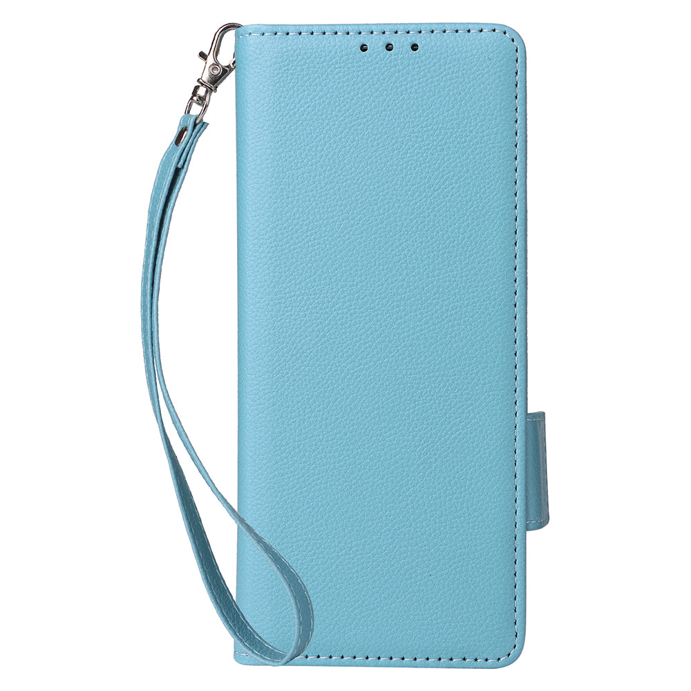 For Samsung Galaxy Z Fold6 5G Shockproof Case Litchi Texture Leather Phone Cover with Strap - Baby Blue