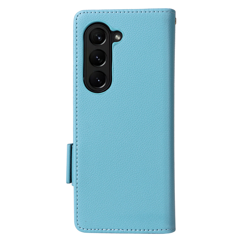 For Samsung Galaxy Z Fold6 5G Shockproof Case Litchi Texture Leather Phone Cover with Strap - Baby Blue