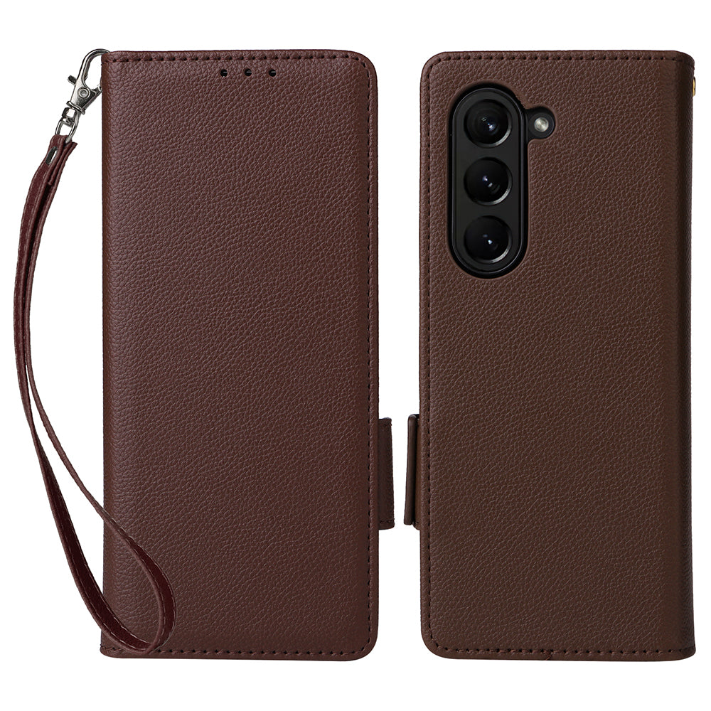 For Samsung Galaxy Z Fold6 5G Shockproof Case Litchi Texture Leather Phone Cover with Strap - Brown