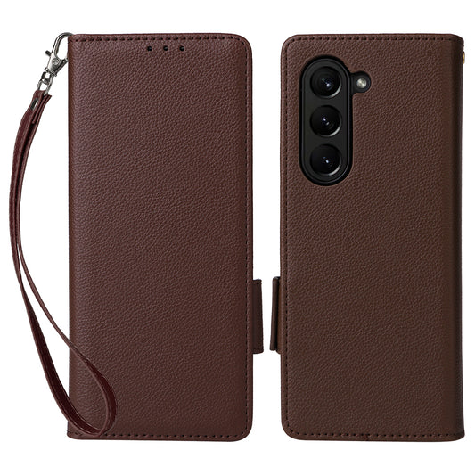 For Samsung Galaxy Z Fold6 5G Shockproof Case Litchi Texture Leather Phone Cover with Strap - Brown