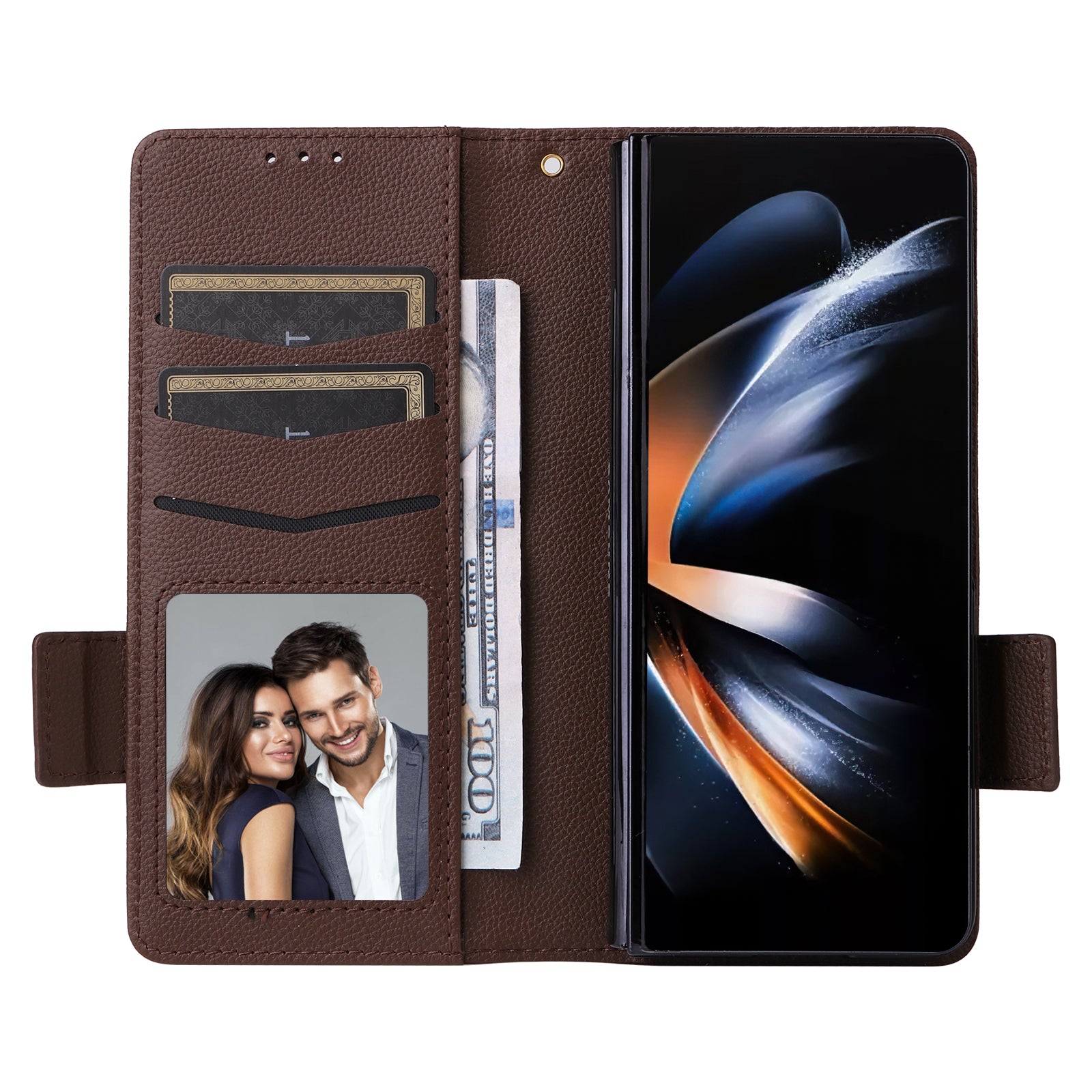 For Samsung Galaxy Z Fold6 5G Shockproof Case Litchi Texture Leather Phone Cover with Strap - Brown