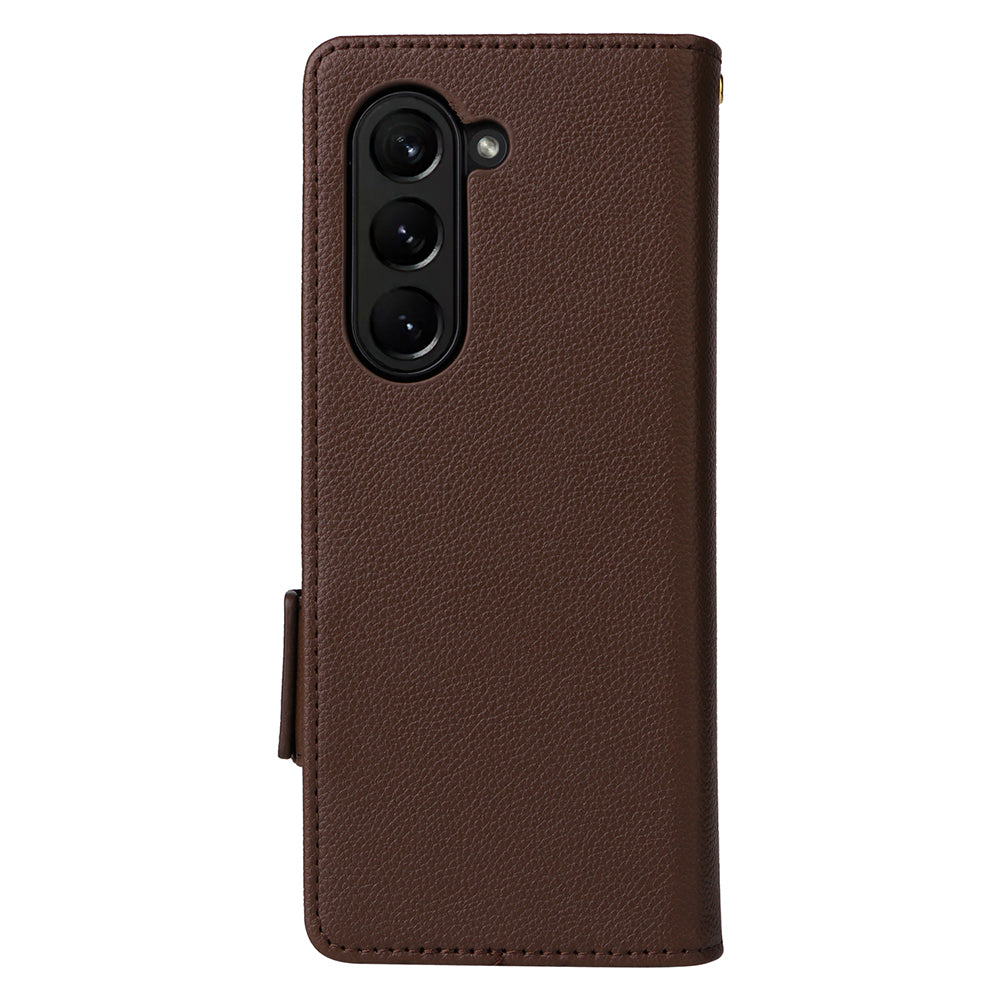 For Samsung Galaxy Z Fold6 5G Shockproof Case Litchi Texture Leather Phone Cover with Strap - Brown