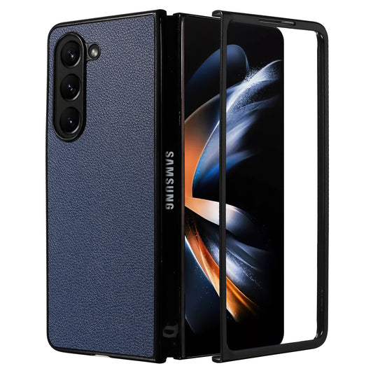 For Samsung Galaxy Z Fold6 5G Case Litchi Texture  Leather Coated PC Phone Cover - Dark Blue