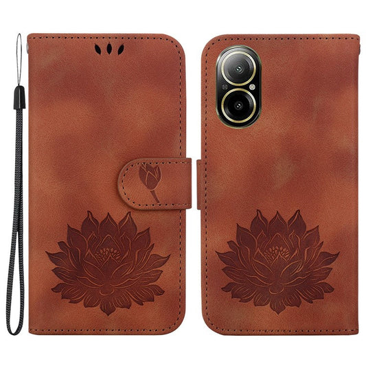 For Realme C67 4G Case Lotus Imprinted Leather Wallet Phone Cover - Brown