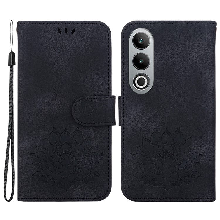 For OnePlus Nord CE4 5G Case with Hand Strap Lotus Pattern PU Leather Phone Cover - Black