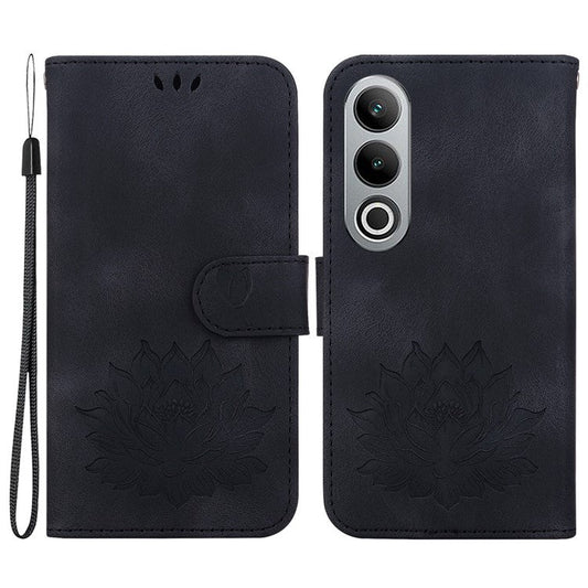 For OnePlus Nord CE4 5G Case with Hand Strap Lotus Pattern PU Leather Phone Cover - Black