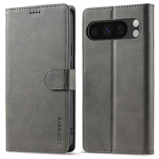LC.IMEEKE For Google Pixel 9 Pro XL Case Calf Texture PU Leather Flip Phone Cover - Grey