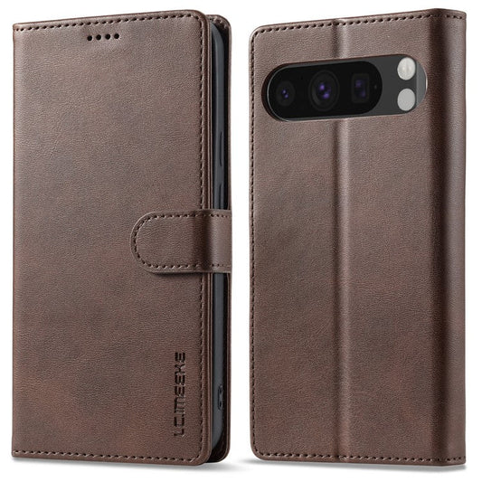 LC.IMEEKE For Google Pixel 9 / 9 Pro Case Magnetic Buckle Wallet Leather Phone Cover Calf Texture - Brown