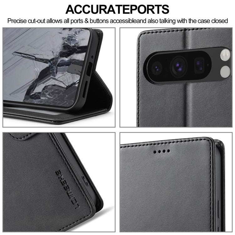 LC.IMEEKE For Google Pixel 9 / 9 Pro Case Magnetic Buckle Wallet Leather Phone Cover Calf Texture - Black