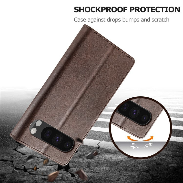 LC.IMEEKE For Google Pixel 9 Pro / Pixel 9 Case Shockproof Wallet PU Leather Phone Cover Calf Texture - Brown