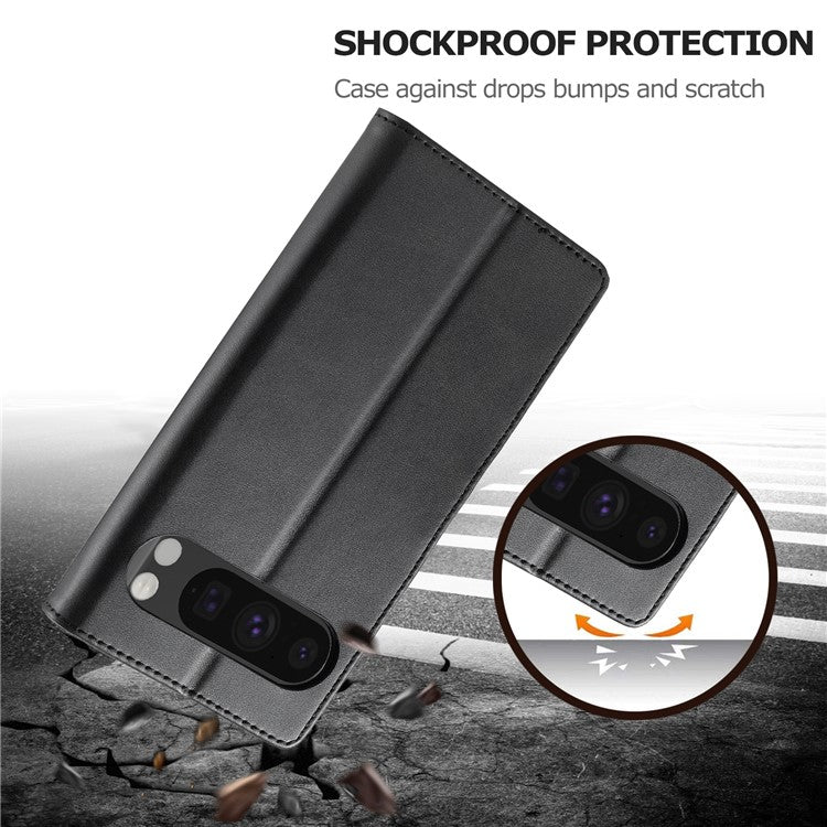 LC.IMEEKE For Google Pixel 9 Pro / Pixel 9 Case Shockproof Wallet PU Leather Phone Cover Calf Texture - Black