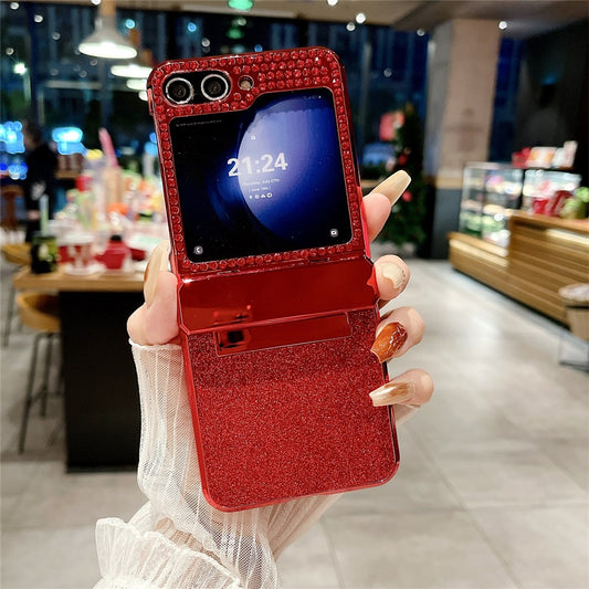 For Samsung Galaxy Z Flip7 FE 5G / Z Flip6 5G / Z Flip5 5G Case Glitter Bling PU Leather+Hard PC Phone Back Cover - Red