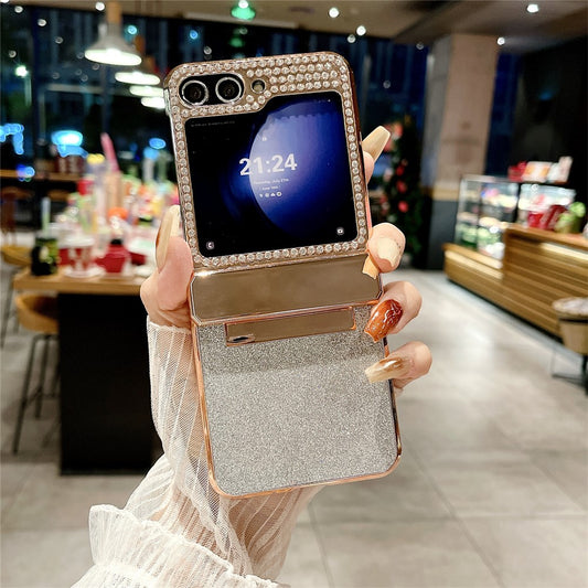 For Samsung Galaxy Z Flip7 FE 5G / Z Flip6 5G / Z Flip5 5G Case Glitter Bling PU Leather+Hard PC Phone Back Cover - Silver