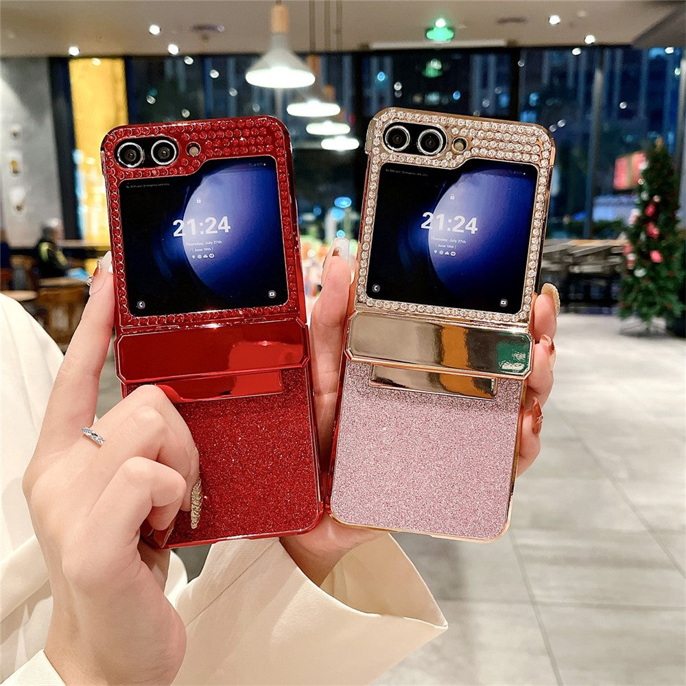For Samsung Galaxy Z Flip7 FE 5G / Z Flip6 5G / Z Flip5 5G Case Glitter Bling PU Leather+Hard PC Phone Back Cover - Gold