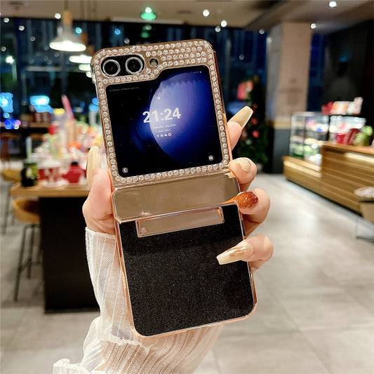 For Samsung Galaxy Z Flip7 FE 5G / Z Flip6 5G / Z Flip5 5G Case Glitter Bling PU Leather+Hard PC Phone Back Cover - Black