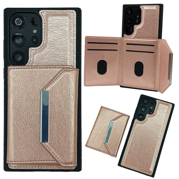 For Samsung Galaxy S23 Ultra Case Leather+TPU Phone Cover with Detachable Card Bag - Rose Gold