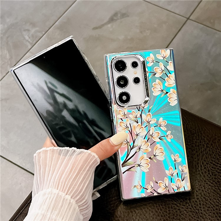 For Samsung Galaxy S22 Ultra 5G Slim Case Flower Pattern Electroplated Laser Effect Phone Cover - AH16