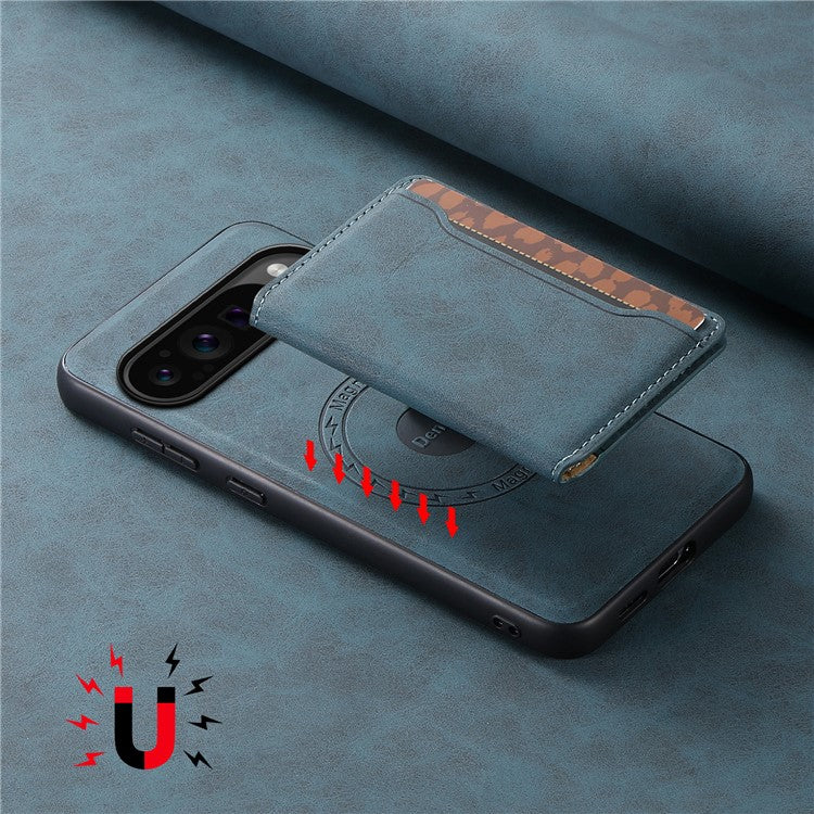 DENIOR D13 For Google Pixel 9 Pro / Pixel 9 Case Leather+PC+TPU Cover Phone Card Bag Kickstand - Blue