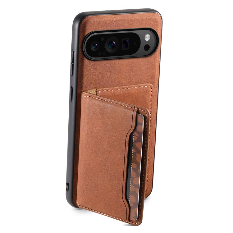 DENIOR D13 For Google Pixel 9 Pro / Pixel 9 Case Leather+PC+TPU Cover Phone Card Bag Kickstand - Brown
