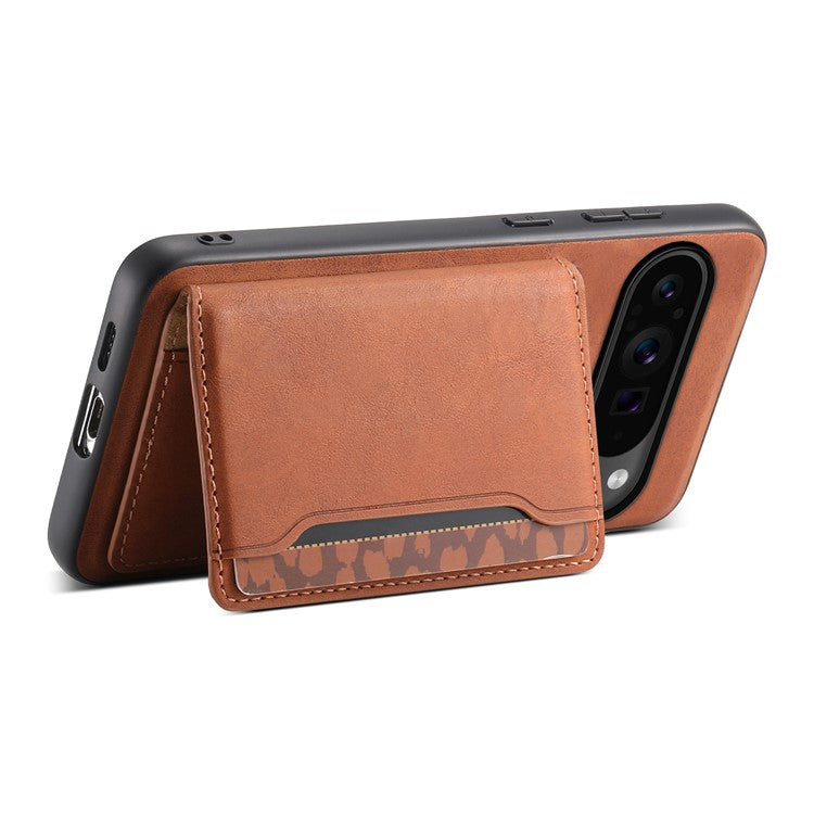 DENIOR D13 For Google Pixel 9 Pro / Pixel 9 Case Leather+PC+TPU Cover Phone Card Bag Kickstand - Brown