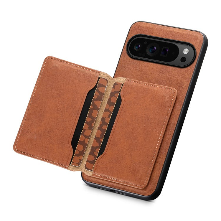 DENIOR D13 For Google Pixel 9 Pro / Pixel 9 Case Leather+PC+TPU Cover Phone Card Bag Kickstand - Brown