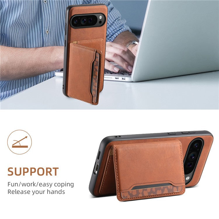 DENIOR D13 For Google Pixel 9 Pro / Pixel 9 Case Leather+PC+TPU Cover Phone Card Bag Kickstand - Brown